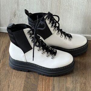 Marc Fisher Plune Lace-up Lug Sole Leather White and Black Moto Boots NWOT